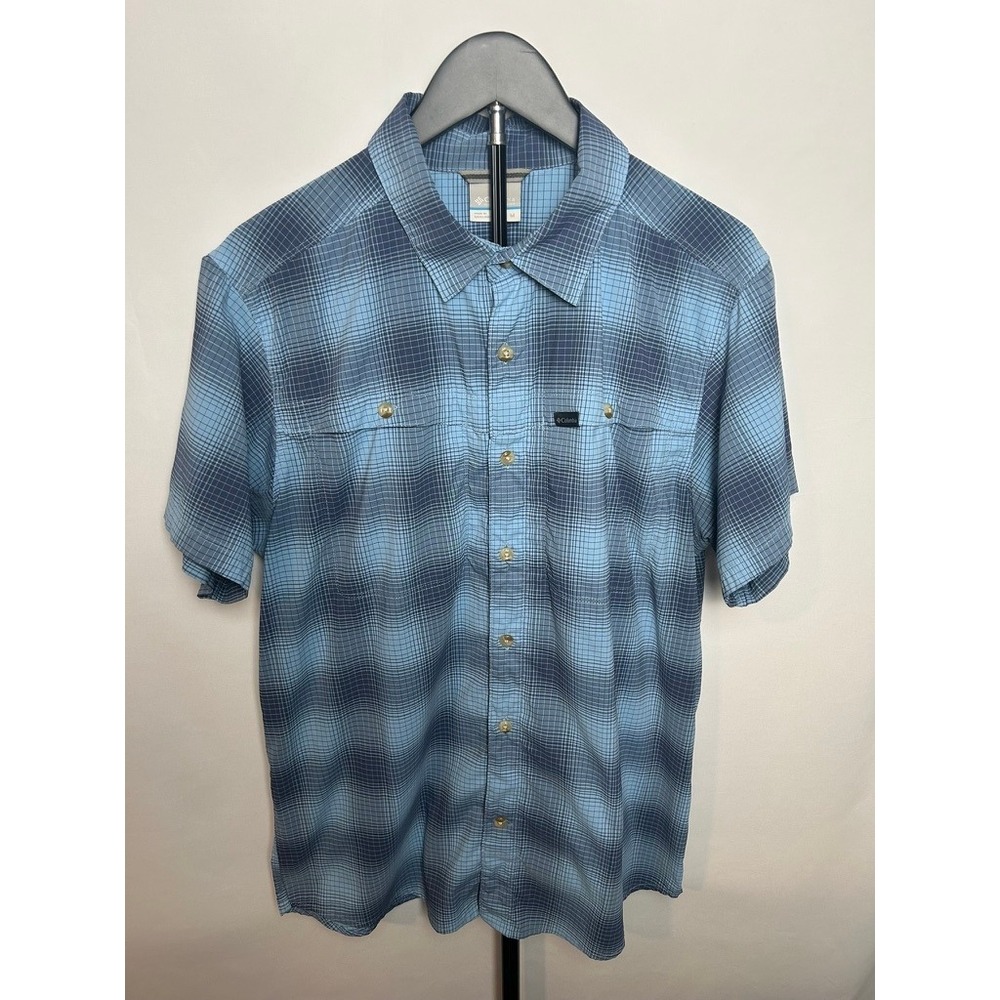 Columbia Men Blue Plaid Short Sleeve Shirt Hiking Outdoors Quick Dry Fishing M